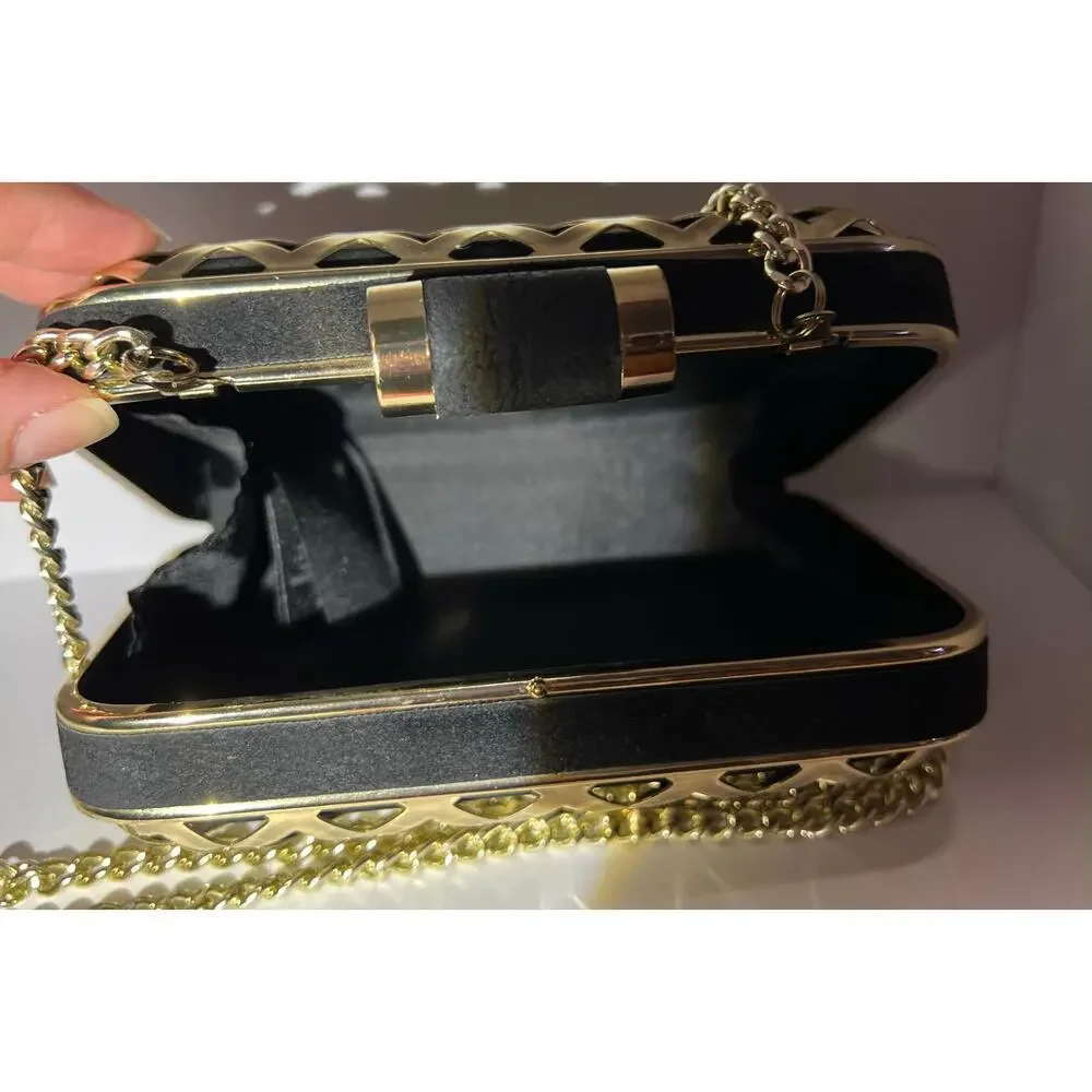 H&M crossbody black velvet with gold metal weave design cocktail/party bag